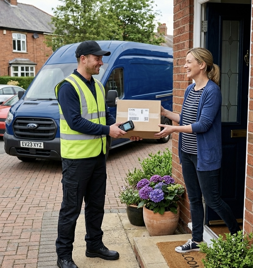 Last-mile delivery courier handing a parcel to a customer in Cambridge